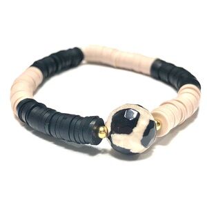Giraffe Print Dyed Agate Black Tan Polymer Clay Heishi Stretch Bracelet Women